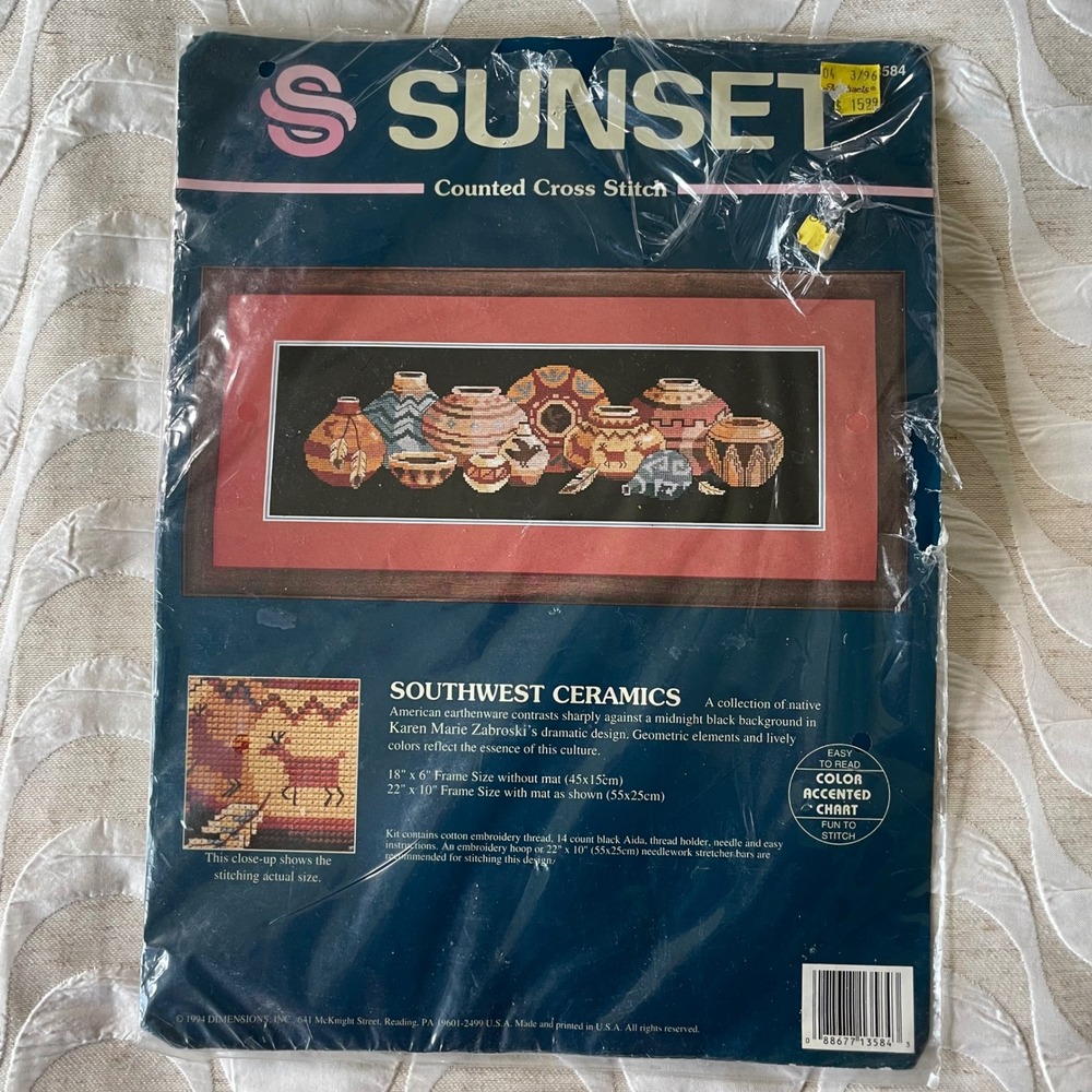 Sunset Southwest Ceramics Cross Stitch Kit 3584 Karen Marie Zabroski 1994 Vtg